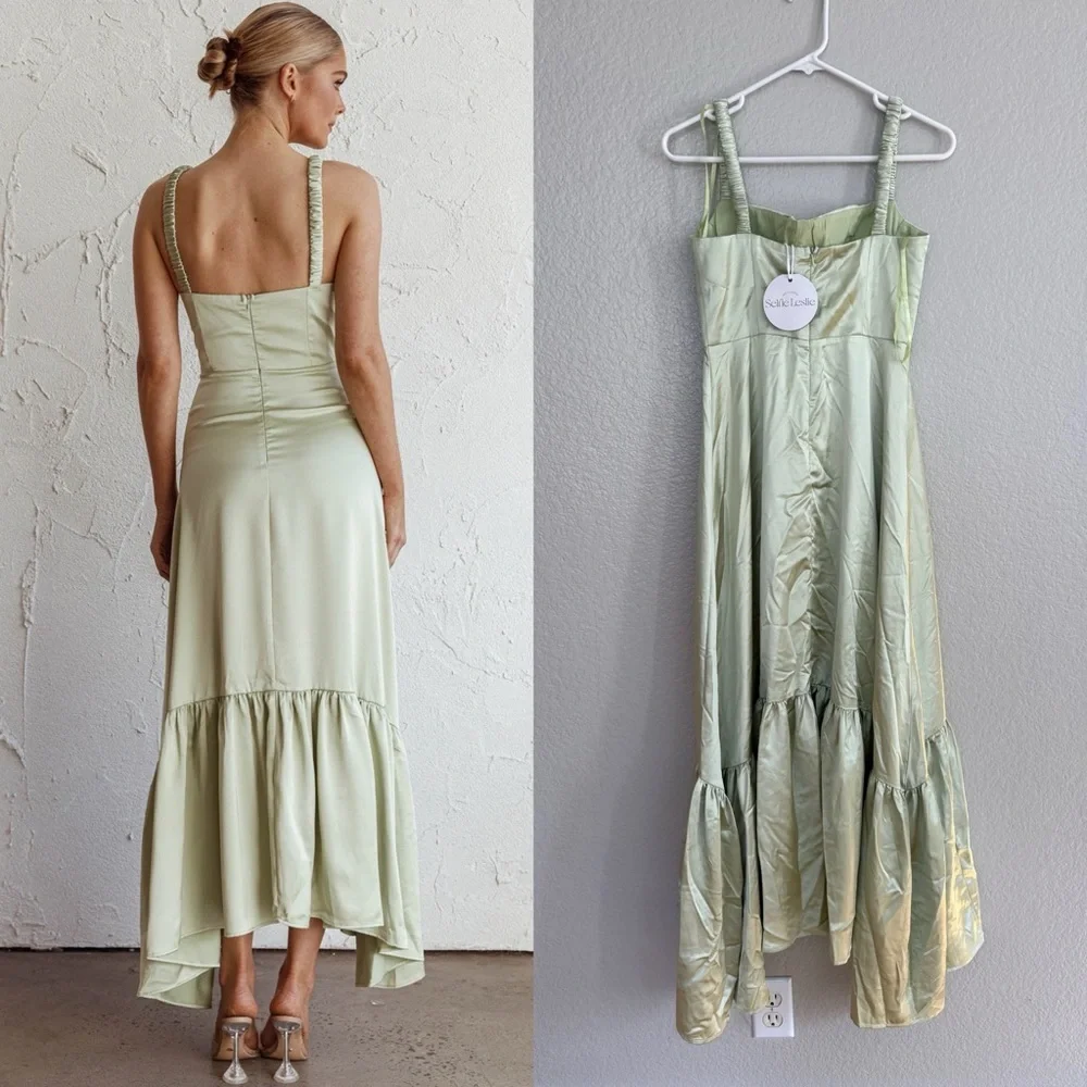 Selfie Leslie Belle De Jour Flounce Hem Midi Dress Pistachio Sage High Low Dress - Picture 3 of 8